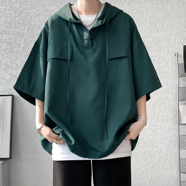5 Colors Summer Hooded T shirt Men Korean Half Sleeve Pullover Streetwear Loose T-shirt Tops Drawstring Men Clothing 5XL-S - Image 7